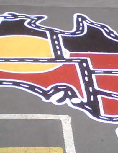 The Car Track of Australia with the yellow sun is an indigenous inspired use of the map of Australia which can be used by the children to drive cars around or teachers to use in geography based lessons
