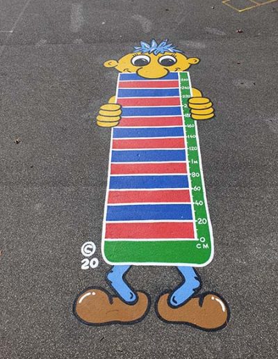 The Dude Jump game is designed to see how far a child can jump from a standing position. It has stripes and with each stripe the gap represents intervals of 20cm.